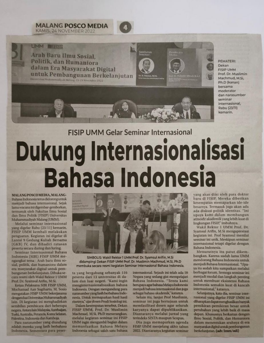 Dukung Internasionalisasi Bahasa Indonesia - Malang Posco Media - UMM ...